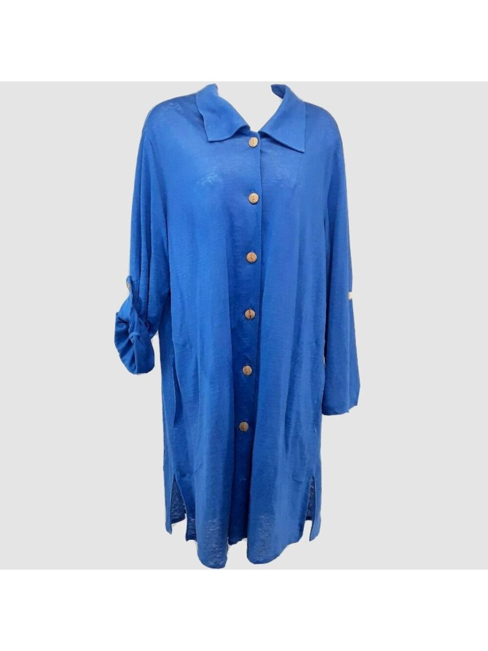 Caroline Rose Blue Linen Shirt Size Large Roll Tab Pockets Extra Long Tunic